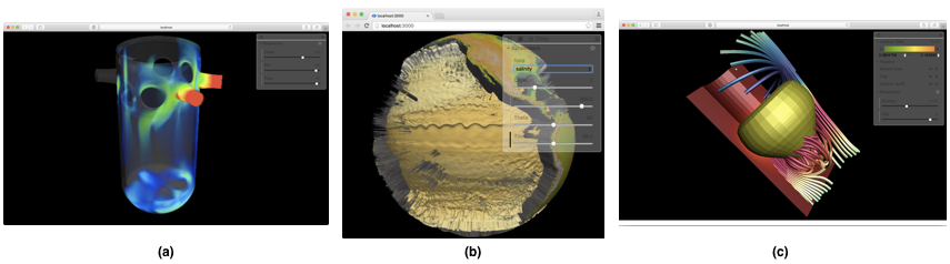 Figure 4: ParaViewWeb’s example image viewer, JavaScript or WebGL image compositing viewer, and WebGL viewer for geometry.