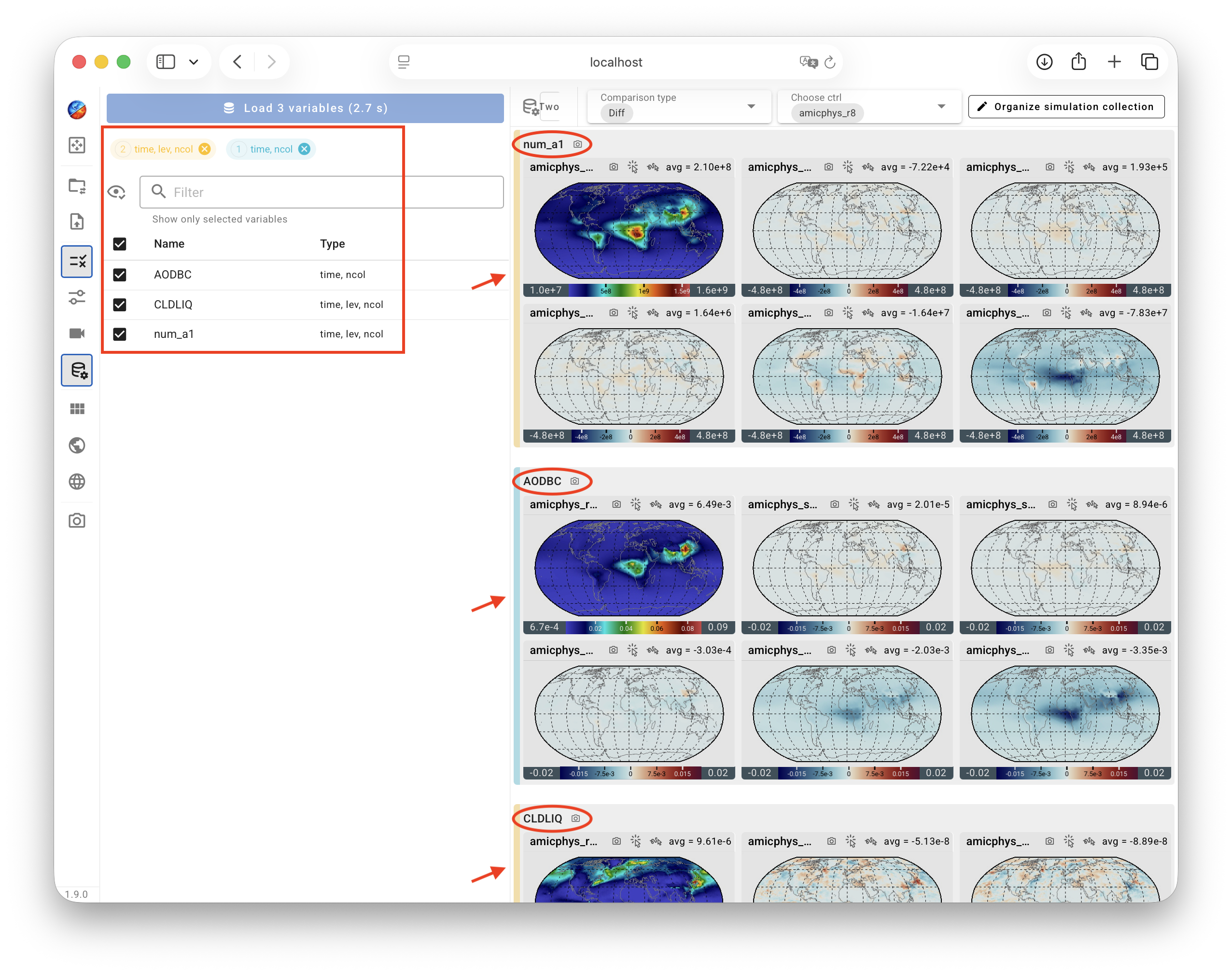 Multi-sim comparison: variable sections