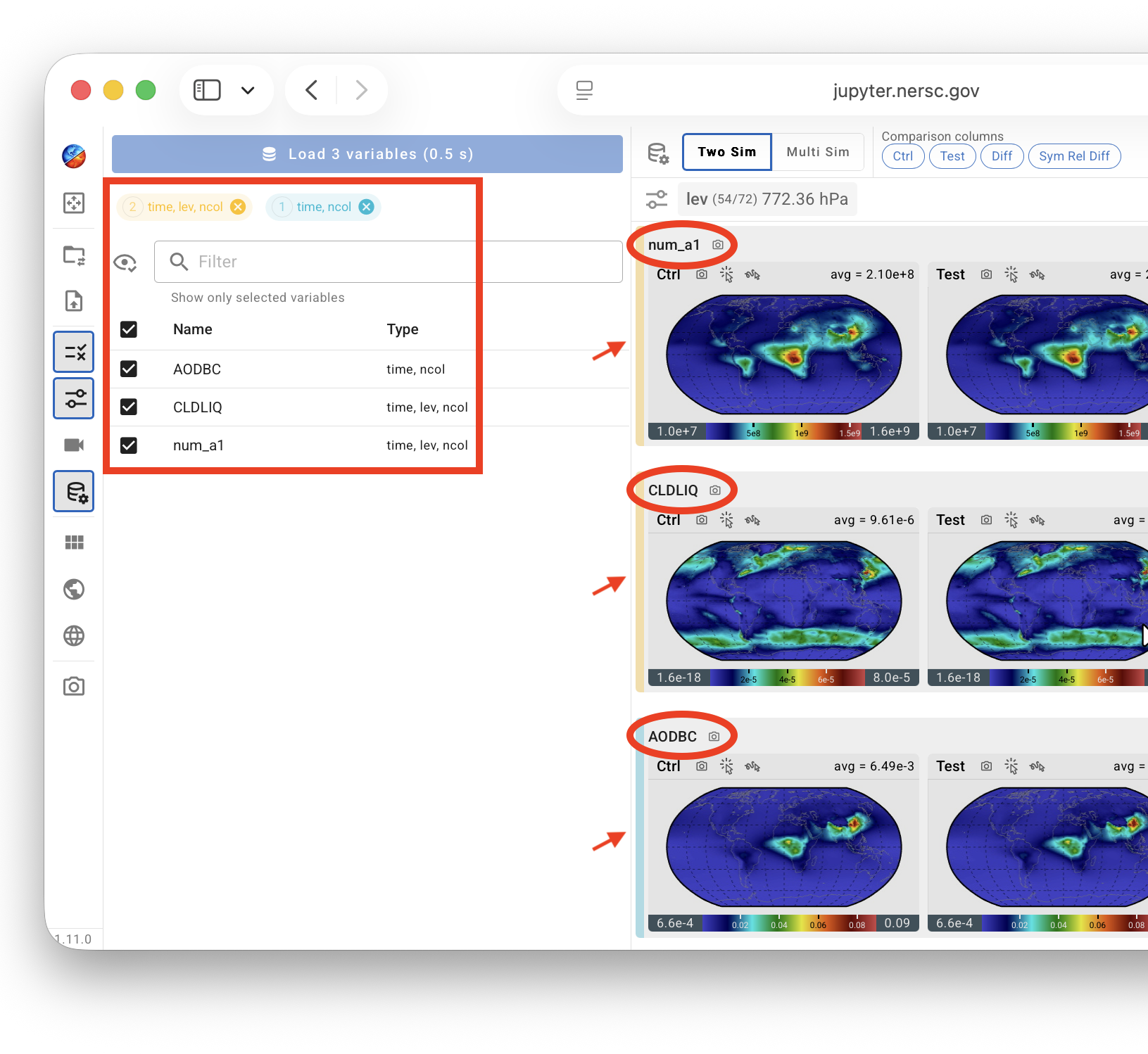 Two-sim comparison: variable rows