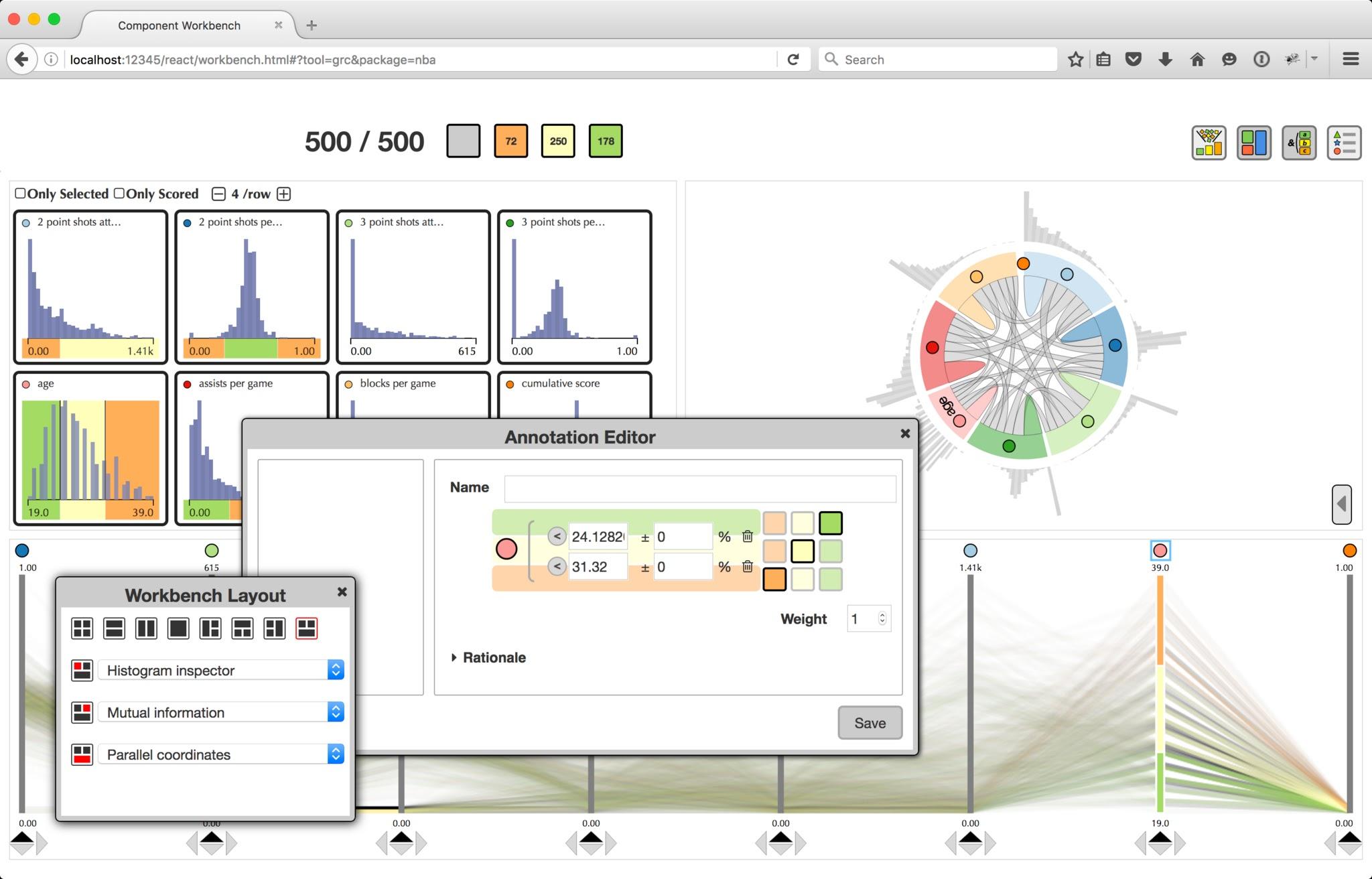 Figure 9: DataViewer showing histograms, mutual information chord diagram, selection editor, workbench layout editor and parallel coordinates.