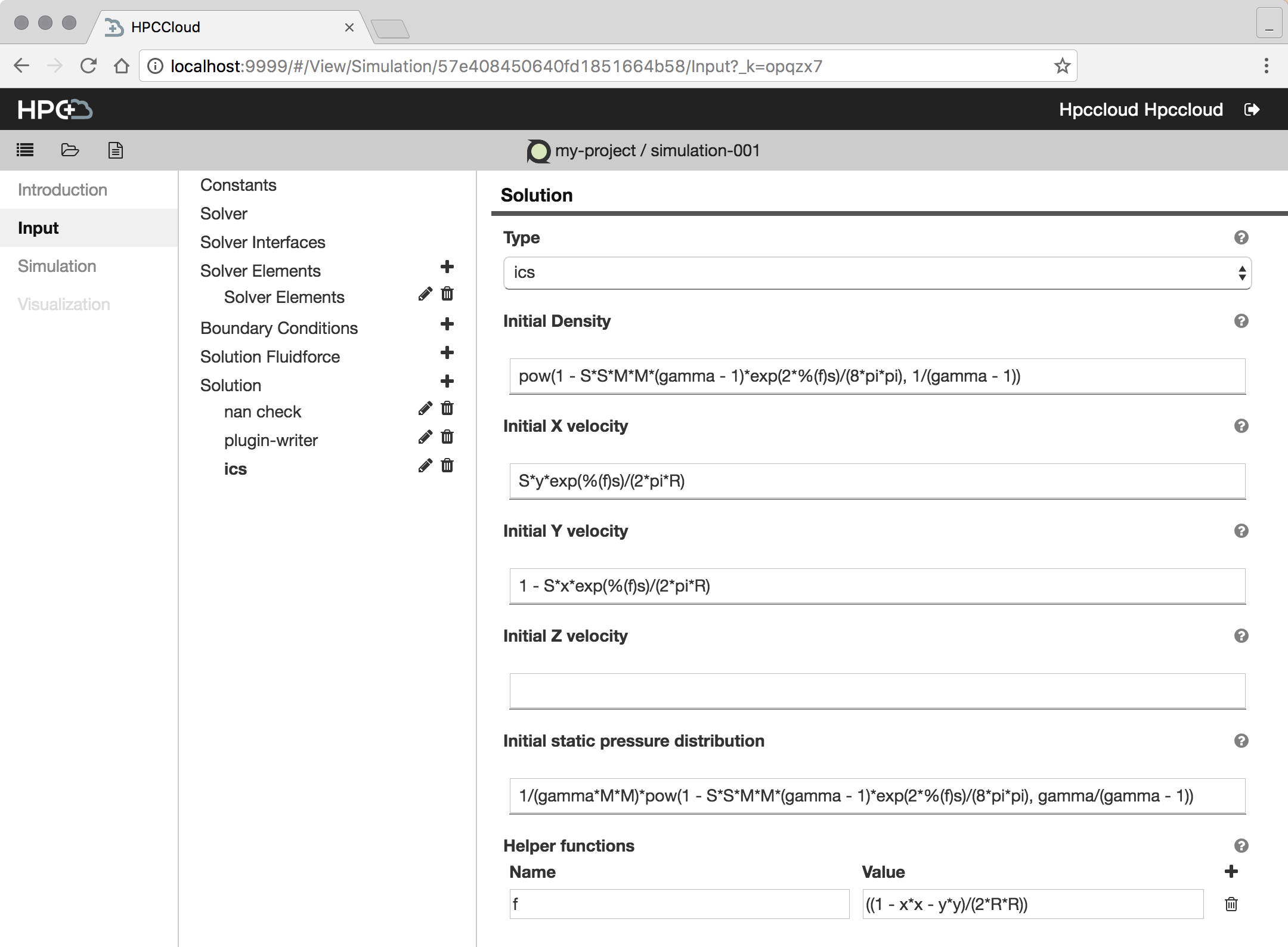 Figure 10: SimPut setting input parameters for the PyFR simulator.