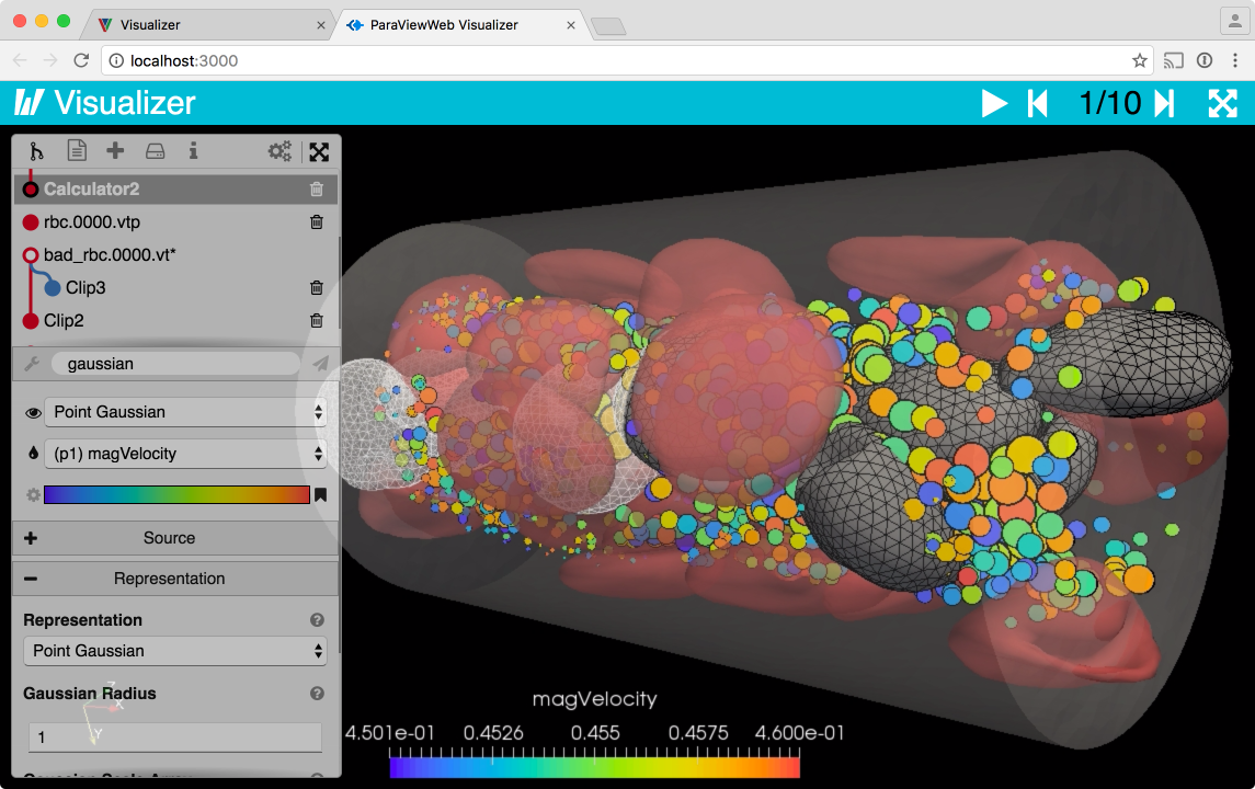 Figure 6: Visualizer, displaying the visualization pipelines and color map editor with similar functionality to the ParaView Qt application.